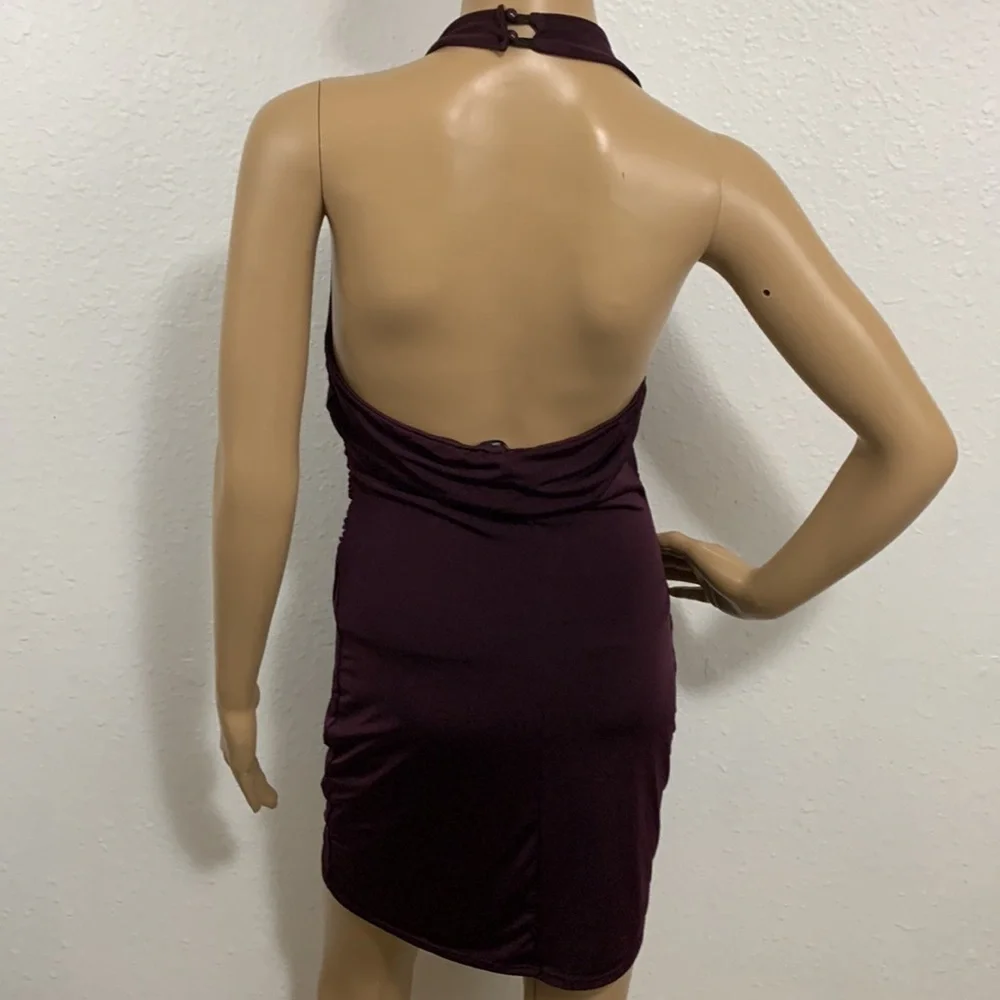 Charlotte Russe Plum Purple Fitted Asymmetrical Halter Mini Dress Size M - Picture 2 of 8